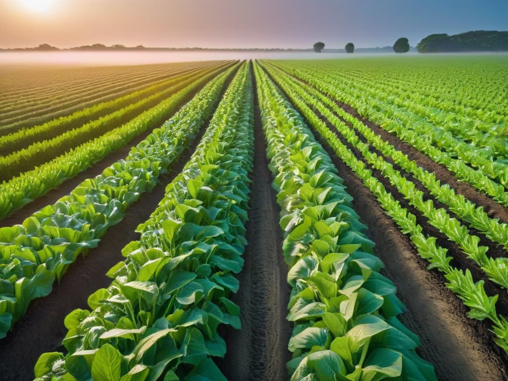  A highresolution, minimalist image of a serene farm landscape at sunrise, showcasing rows of neatly planted crops with dew glistening on the leaves. The image captures the essence of ethically sourced ingredients in a tranquil setting, symbolizing the journey from farm to table with a focus on fair trade practices. hyperrealistic, full body, detailed clothing, highly detailed, cinematic lighting, stunningly beautiful, intricate, sharp focus, f/1. 8, 85mm, (centered image composition), (professionally color graded), ((bright soft diffused light)), volumetric fog, trending on instagram, trending on tumblr, HDR 4K, 8K