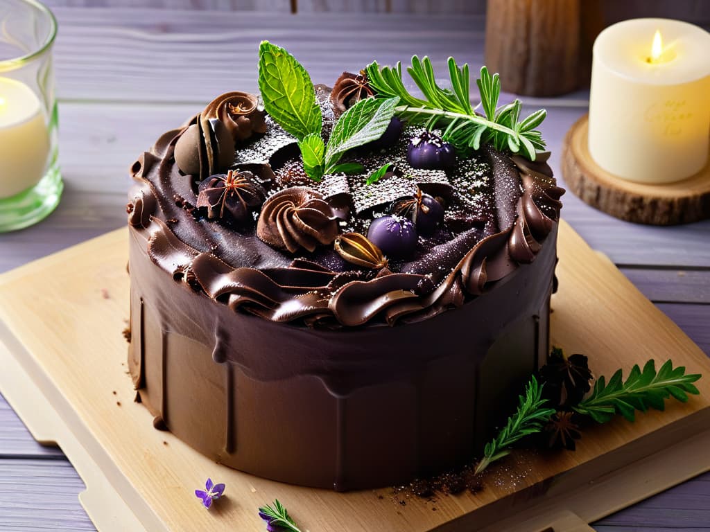  A closeup, photorealistic image of a decadent chocolate cake adorned with vibrant green sprigs of fresh mint, delicate purple lavender buds, and a sprinkle of fragrant rosemary leaves, set on a rustic wooden table with soft natural lighting illuminating the dessert, showcasing the harmonious combination of herbs and sweets in a visually stunning and appetizing way. hyperrealistic, full body, detailed clothing, highly detailed, cinematic lighting, stunningly beautiful, intricate, sharp focus, f/1. 8, 85mm, (centered image composition), (professionally color graded), ((bright soft diffused light)), volumetric fog, trending on instagram, trending on tumblr, HDR 4K, 8K