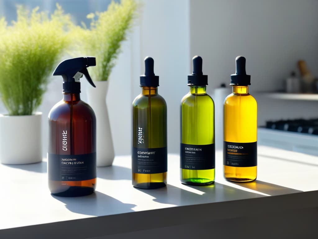  An image of a sleek, modern kitchen countertop adorned with a variety of vibrant bottles filled with highquality fair trade oils, such as olive, coconut, and avocado oil. The sunlight streaming through a nearby window casts a warm glow on the bottles, emphasizing their premium quality. The minimalist design highlights the elegance and sophistication of using fair trade oils in transforming one's culinary experience. hyperrealistic, full body, detailed clothing, highly detailed, cinematic lighting, stunningly beautiful, intricate, sharp focus, f/1. 8, 85mm, (centered image composition), (professionally color graded), ((bright soft diffused light)), volumetric fog, trending on instagram, trending on tumblr, HDR 4K, 8K