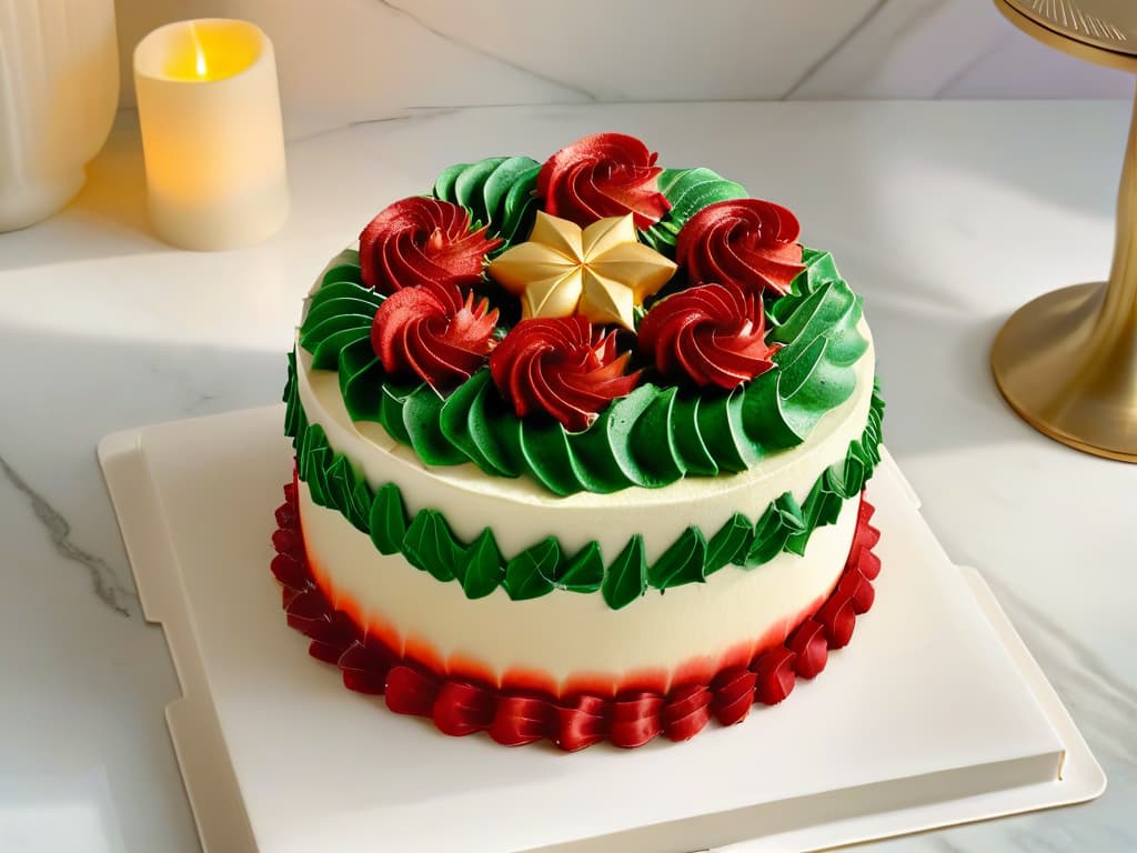  A minimalistic yet impactful image of a beautifully decorated holidaythemed cake sitting atop a marble countertop, with soft, natural light casting gentle shadows. The cake is adorned with intricate frosting designs in festive colors like deep red, emerald green, and shimmering gold, showcasing exquisite craftsmanship and attention to detail. The background is blurred, emphasizing the elegant simplicity of the centerpiece cake, perfect for enticing readers and conveying the essence of festive bakery delights. hyperrealistic, full body, detailed clothing, highly detailed, cinematic lighting, stunningly beautiful, intricate, sharp focus, f/1. 8, 85mm, (centered image composition), (professionally color graded), ((bright soft diffused light)), volumetric fog, trending on instagram, trending on tumblr, HDR 4K, 8K