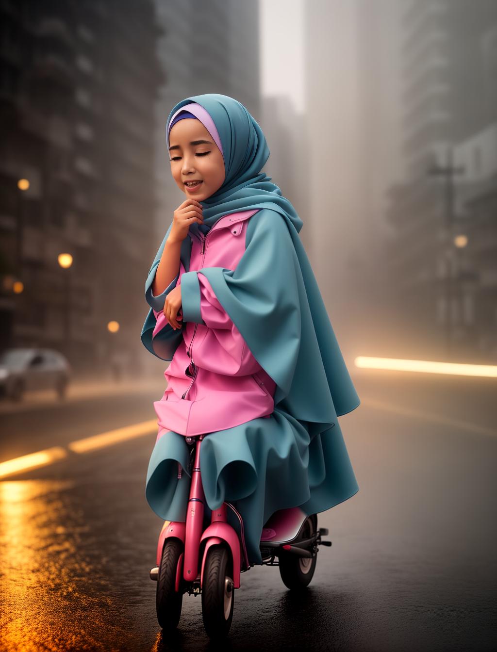  Portrait of a little girl wearing a hijab, crying in the rain at night, Shedding tears, while riding a motor scooter, (high detailed skin:1.2), 8k uhd, dslr, soft lighting, high quality, film grain, Fujifilm XT3 hyperrealistic, full body, detailed clothing, highly detailed, cinematic lighting, stunningly beautiful, intricate, sharp focus, f/1. 8, 85mm, (centered image composition), (professionally color graded), ((bright soft diffused light)), volumetric fog, trending on instagram, trending on tumblr, HDR 4K, 8K