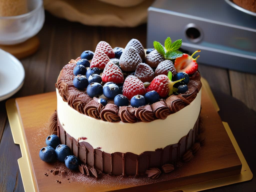  A closeup, ultradetailed image of a decadent chocolate cake topped with fresh raspberries and mint leaves, surrounded by vibrant seasonal fruits like strawberries, blueberries, and figs. The cake is beautifully decorated with chocolate shavings and gold leaf, placed on a rustic wooden table with soft natural lighting highlighting its rich textures and colors. The image conveys a sense of indulgence and the bountiful flavors of the season, inspiring the reader to create their own delicious desserts using fresh, seasonal ingredients. hyperrealistic, full body, detailed clothing, highly detailed, cinematic lighting, stunningly beautiful, intricate, sharp focus, f/1. 8, 85mm, (centered image composition), (professionally color graded), ((bright soft diffused light)), volumetric fog, trending on instagram, trending on tumblr, HDR 4K, 8K