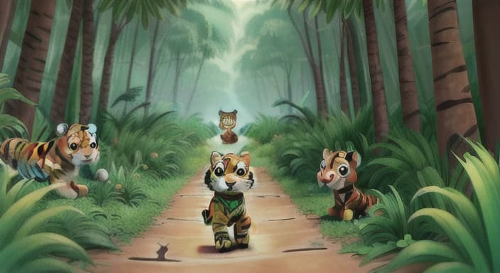  {Tiger leading his new friends on a journey through the jungle., Tiger is brave and courageous, ready for any new adventure that comes his way.