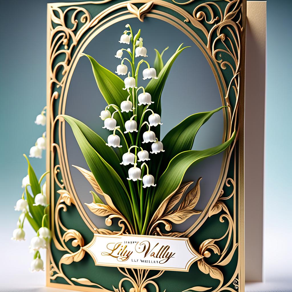  ethereal fantasy concept art of (Greeting card for Lily of the valley day) Postcard design:The background is white decorated with gold swirls in fantasy style. In the middle of the card is a bouquet with the inscription "Happy Lily of the valley". . magnificent, celestial, ethereal, painterly, epic, majestic, magical, fantasy art, cover art, dreamy hyperrealistic, full body, detailed clothing, highly detailed, cinematic lighting, stunningly beautiful, intricate, sharp focus, f/1. 8, 85mm, (centered image composition), (professionally color graded), ((bright soft diffused light)), volumetric fog, trending on instagram, trending on tumblr, HDR 4K, 8K