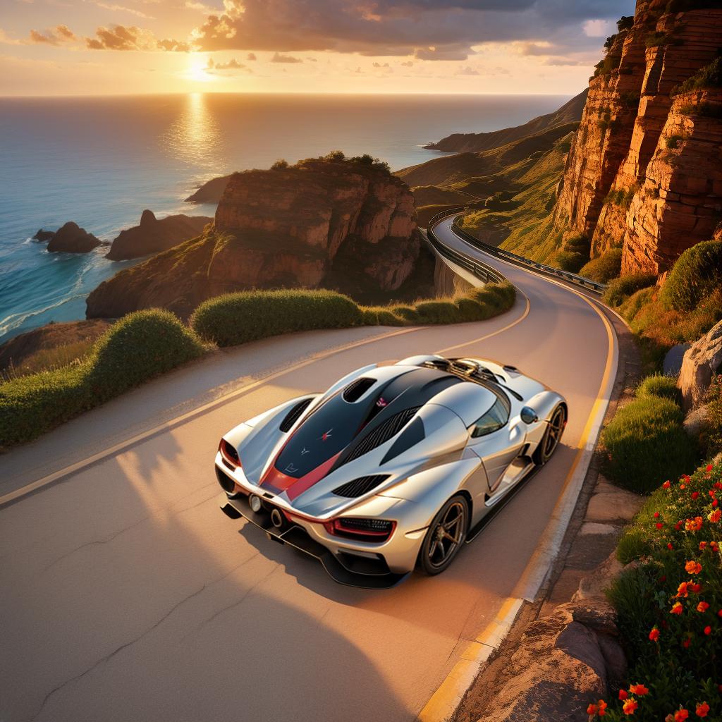  ethereal fantasy concept art of hyper realistic, 2020 Koenigsegg Regera, golden hour, epic sunrise, intricate details, winding seaside road, golden clouds, dramatic lighting, perfect composition, , 4k. magnificent, celestial, ethereal, painterly, epic, majestic, magical, fantasy art, cover art, dreamy