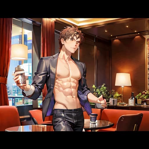  master piece , best quality,A shirtless man on his way home from work is drinking coffee in a hotel lounge with a beautiful night view.