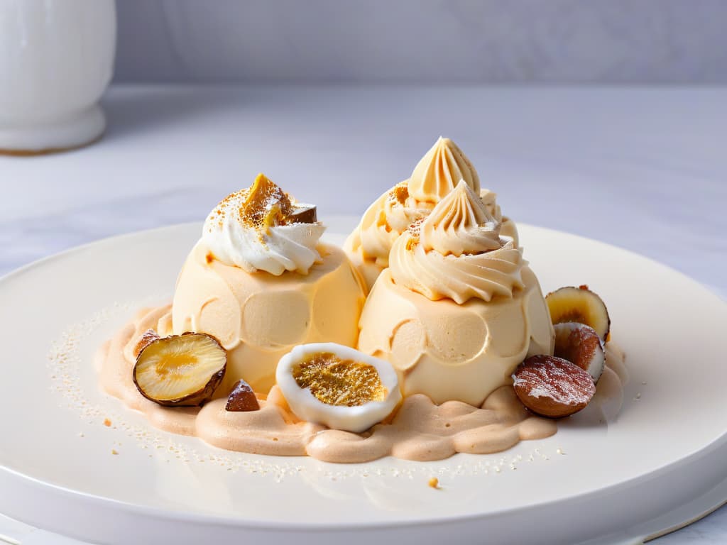  A closeup, ultradetailed image of a scoop of creamy, artisanal turron ice cream resting delicately on a chilled marble surface. The surface showcases intricate patterns of condensation, enhancing the luxurious appearance of the dessert. The ice cream is perfectly shaped, topped with a single golden almond, and dusted with a light sprinkle of crushed nougat. The soft, creamy texture contrasts beautifully with the cold, elegant backdrop, creating a visually stunning and appetizing image that captures the essence of homemade turron ice cream. hyperrealistic, full body, detailed clothing, highly detailed, cinematic lighting, stunningly beautiful, intricate, sharp focus, f/1. 8, 85mm, (centered image composition), (professionally color graded), ((bright soft diffused light)), volumetric fog, trending on instagram, trending on tumblr, HDR 4K, 8K