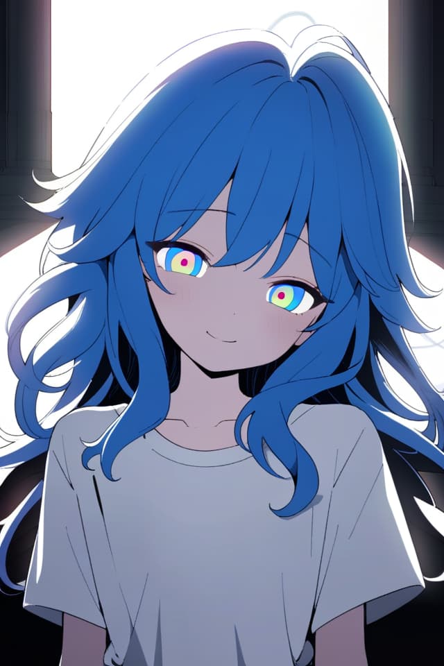  a beautiful blue haired girl,long messy hair,ultra detailed,best shadow,beautiful detailed deep rainbow eyes,cute and beautiful face,shy smile,white shirt,upper body view,colorful,(masterpiece:1.2),(best quality:1.2),detailed background,high contrast,(best illumination,an extremely delicate and beautiful),((cinematic light)),hyper detail,dramatic light,intricate details,8k,anime,very aesthetic