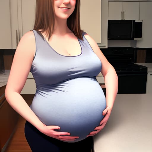  Woman with brown hair giant pregnant belly in silky tank top at home