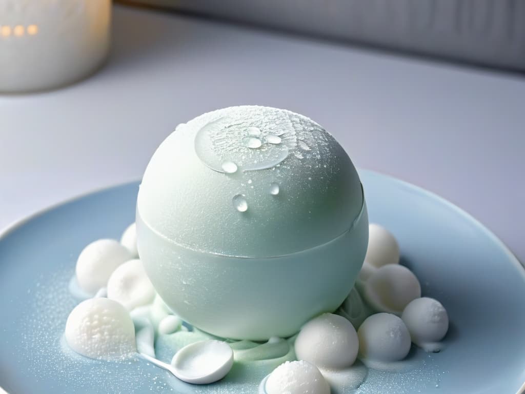  A closeup, ultradetailed image of a spherical sorbet perfectly frozen in liquid nitrogen, showcasing intricate ice crystal patterns forming on its surface. The sorbet is delicately balanced on a stainless steel spoon with droplets of condensation glistening on its handle. The background is a soft focus, highlighting the sorbet's unique texture and the scientific precision of molecular gastronomy techniques. hyperrealistic, full body, detailed clothing, highly detailed, cinematic lighting, stunningly beautiful, intricate, sharp focus, f/1. 8, 85mm, (centered image composition), (professionally color graded), ((bright soft diffused light)), volumetric fog, trending on instagram, trending on tumblr, HDR 4K, 8K