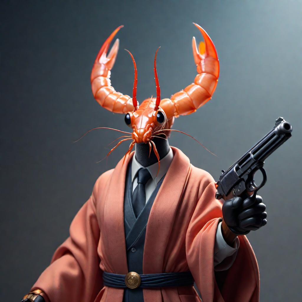  A cartoon shrimp wearing a robe with a sleeve for each of its legs, holding a handgun. hyperrealistic, full body, detailed clothing, highly detailed, cinematic lighting, stunningly beautiful, intricate, sharp focus, f/1. 8, 85mm, (centered image composition), (professionally color graded), ((bright soft diffused light)), volumetric fog, trending on instagram, trending on tumblr, HDR 4K, 8K