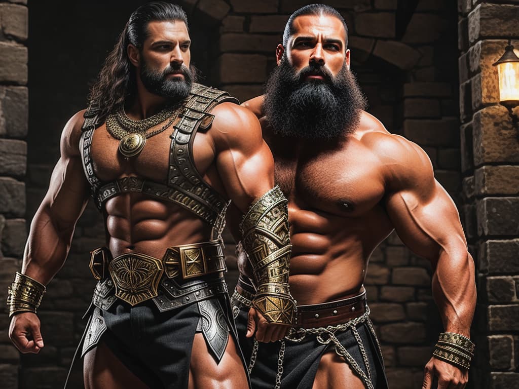  bearded middle aged gladiator bodybuilder in chains in a dungeon hyperrealistic, full body, detailed clothing, highly detailed, cinematic lighting, stunningly beautiful, intricate, sharp focus, f/1. 8, 85mm, (centered image composition), (professionally color graded), ((bright soft diffused light)), volumetric fog, trending on instagram, trending on tumblr, HDR 4K, 8K