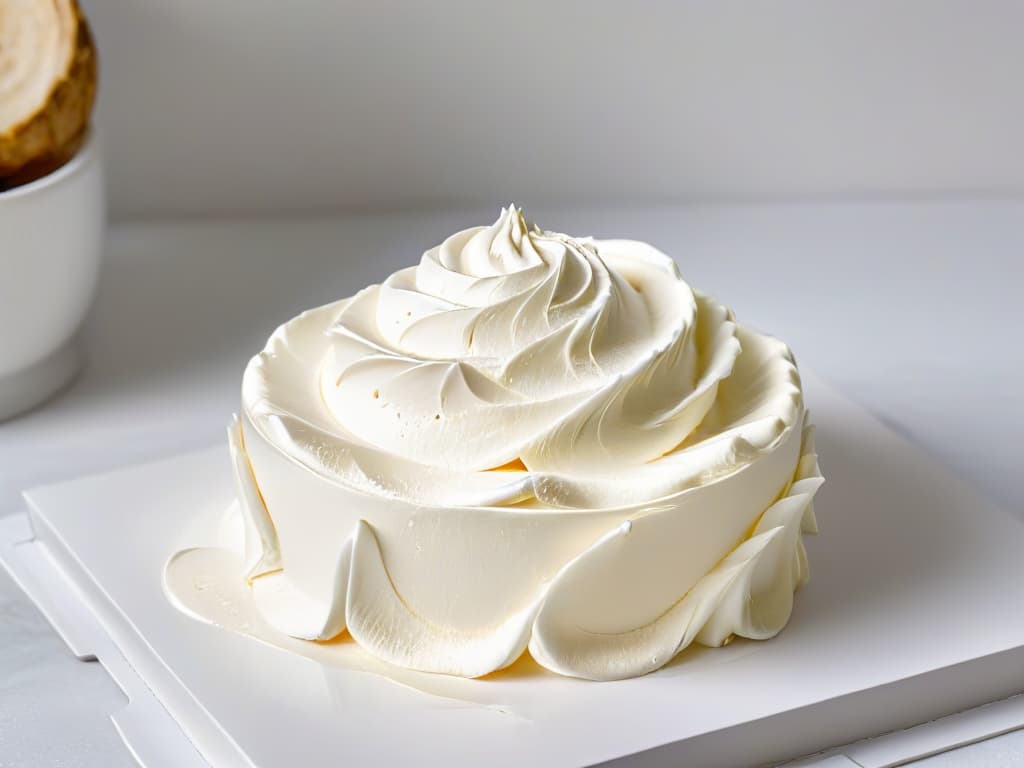  A closeup, ultradetailed image of a glossy, stiff peak of white meringue mixture being carefully folded into a bowl, showcasing the intricate swirls and peaks of the mixture, capturing the precise moment where the texture transforms from soft to firm, highlighting the scientific precision behind achieving the perfect meringue consistency. hyperrealistic, full body, detailed clothing, highly detailed, cinematic lighting, stunningly beautiful, intricate, sharp focus, f/1. 8, 85mm, (centered image composition), (professionally color graded), ((bright soft diffused light)), volumetric fog, trending on instagram, trending on tumblr, HDR 4K, 8K