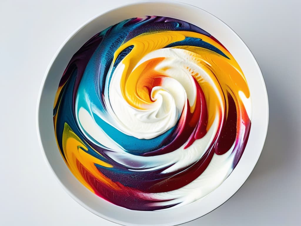  A closeup, ultradetailed image of a vibrant, multicolored swirl of food coloring dropping into a bowl of white frosting, showcasing the intricate patterns and textures created as the colors blend and mix together. The image captures the intense hues and dynamic movement of the liquid colors as they interact, conveying a sense of creativity and artistry in the process of adding colorants to food. hyperrealistic, full body, detailed clothing, highly detailed, cinematic lighting, stunningly beautiful, intricate, sharp focus, f/1. 8, 85mm, (centered image composition), (professionally color graded), ((bright soft diffused light)), volumetric fog, trending on instagram, trending on tumblr, HDR 4K, 8K