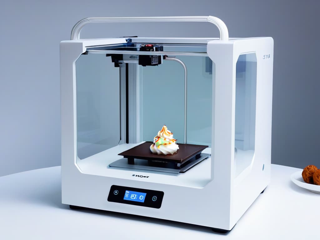  An ultradetailed 8k image of a sleek, futuristic 3D printer specifically designed for creating intricate and delectable desserts using artificial intelligence. The printer is shown in a minimalist white and silver color scheme, with a transparent window revealing the inner workings of the advanced technology. Intricate swirls of chocolate and delicate sugar sculptures are being delicately crafted by the precision nozzle, showcasing the innovative capabilities of AI in dessert printing. hyperrealistic, full body, detailed clothing, highly detailed, cinematic lighting, stunningly beautiful, intricate, sharp focus, f/1. 8, 85mm, (centered image composition), (professionally color graded), ((bright soft diffused light)), volumetric fog, trending on instagram, trending on tumblr, HDR 4K, 8K