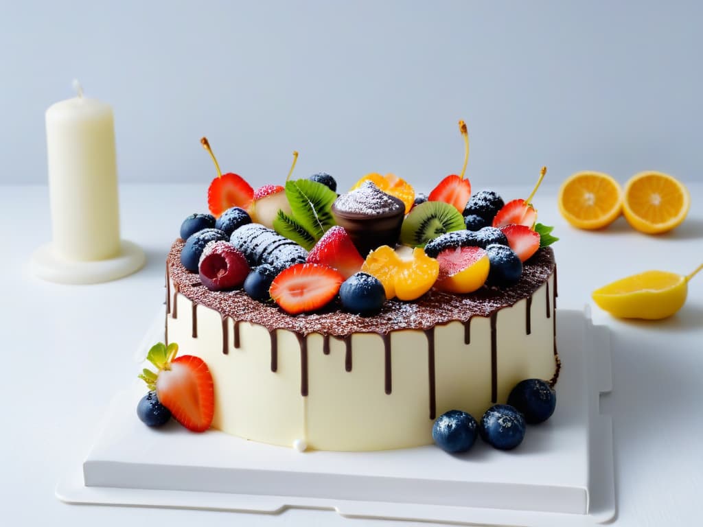  An ultradetailed image of a delicate, intricately designed cake adorned with ethically sourced ingredients such as fairtrade chocolate, organic fruits, and sustainably harvested nuts. The cake is elegantly presented on a simple, white porcelain platter, emphasizing the beauty and craftsmanship of the dessert. Each ingredient is meticulously placed, showcasing the artistry and care that goes into creating a confection that not only delights the palate but also promotes ethical practices in the world of baking. hyperrealistic, full body, detailed clothing, highly detailed, cinematic lighting, stunningly beautiful, intricate, sharp focus, f/1. 8, 85mm, (centered image composition), (professionally color graded), ((bright soft diffused light)), volumetric fog, trending on instagram, trending on tumblr, HDR 4K, 8K