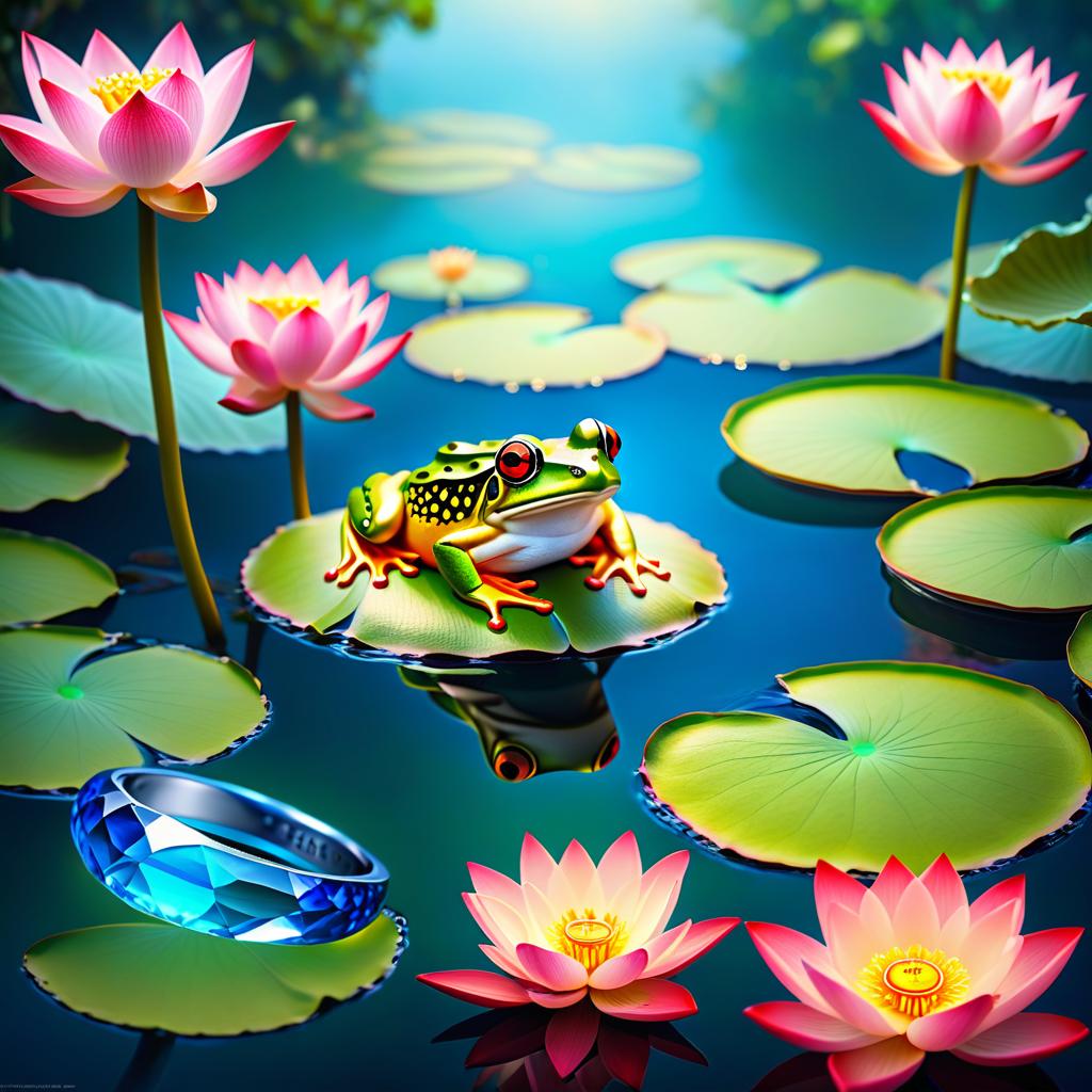  ethereal fantasy concept art of (Background): a lake with blooming lotuses of different shades: from white pink to bright crimson and leaves of tender green colour. The sky above the lake of dark blue colour with golden stars scattered on it. (Fantasy Princess Frog): in the centre of the lake on the biggest lotus flower sits a charming frog in a golden crown decorated with blue and blue precious stones. In his paws he holds a ring decorated with blue stones. Style: fantasy, Russian fairy tales, illustrations. . magnificent, celestial, ethereal, painterly, epic, majestic, magical, fantasy art, cover art, dreamy hyperrealistic, full body, detailed clothing, highly detailed, cinematic lighting, stunningly beautiful, intricate, sharp focus, f/1. 8, 85mm, (centered image composition), (professionally color graded), ((bright soft diffused light)), volumetric fog, trending on instagram, trending on tumblr, HDR 4K, 8K