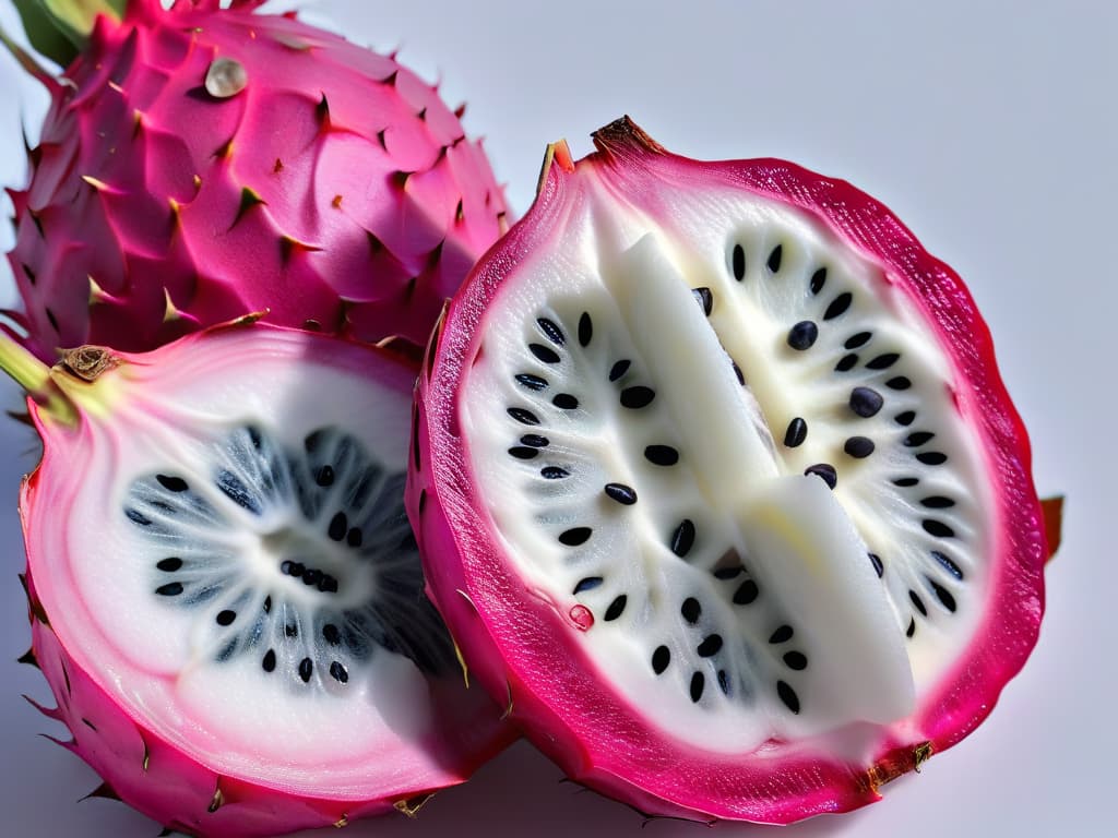  A closeup, ultradetailed image of a vibrant purple dragon fruit sliced in half, showcasing its white speckled flesh with tiny black seeds, set against a stark white background to emphasize its exotic and visually striking nature. hyperrealistic, full body, detailed clothing, highly detailed, cinematic lighting, stunningly beautiful, intricate, sharp focus, f/1. 8, 85mm, (centered image composition), (professionally color graded), ((bright soft diffused light)), volumetric fog, trending on instagram, trending on tumblr, HDR 4K, 8K