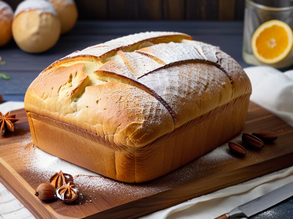  An ultrahigh resolution, minimalist image of a goldenbrown loaf of freshly baked homemade pan dulce, resting on a rustic wooden cutting board with a sprinkling of powdered sugar on top. The bread is delicately scored on top, emitting steam, and surrounded by scattered whole ingredients like plump raisins, nuts, and fragrant citrus zest. The lighting is soft, casting gentle shadows to highlight the textures and rich colors of the bread and ingredients. hyperrealistic, full body, detailed clothing, highly detailed, cinematic lighting, stunningly beautiful, intricate, sharp focus, f/1. 8, 85mm, (centered image composition), (professionally color graded), ((bright soft diffused light)), volumetric fog, trending on instagram, trending on tumblr, HDR 4K, 8K