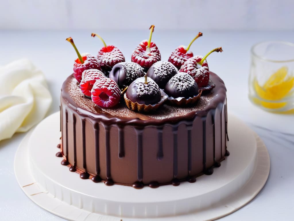  A photorealistic image of a decadent vegan chocolate cake topped with fresh raspberries and drizzled with a rich dark chocolate ganache, displayed on a sleek marble cake stand against a softfocus kitchen background with natural light streaming in, highlighting the glossy texture of the ganache and the vibrant color of the raspberries. hyperrealistic, full body, detailed clothing, highly detailed, cinematic lighting, stunningly beautiful, intricate, sharp focus, f/1. 8, 85mm, (centered image composition), (professionally color graded), ((bright soft diffused light)), volumetric fog, trending on instagram, trending on tumblr, HDR 4K, 8K