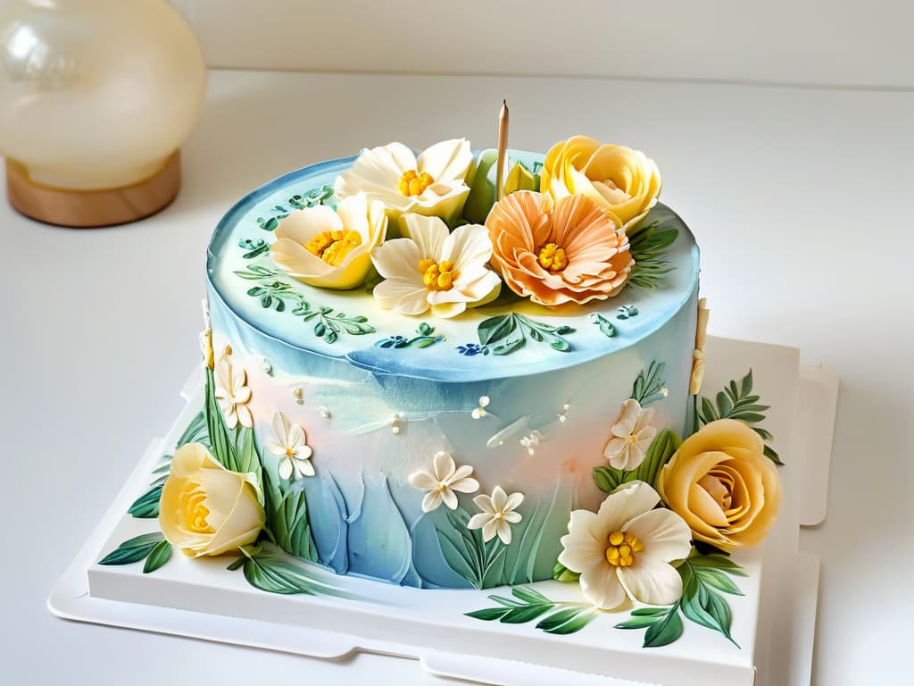  A closeup, ultradetailed image of a delicate, handpainted watercolor cake featuring intricate floral designs in soft pastel hues. The brushstrokes are visible, showcasing the skill and artistry involved in creating this edible masterpiece. hyperrealistic, full body, detailed clothing, highly detailed, cinematic lighting, stunningly beautiful, intricate, sharp focus, f/1. 8, 85mm, (centered image composition), (professionally color graded), ((bright soft diffused light)), volumetric fog, trending on instagram, trending on tumblr, HDR 4K, 8K