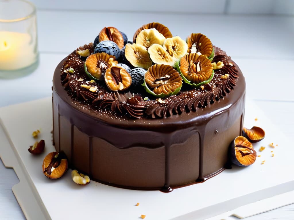  An ultradetailed 8k image of a decadent chocolate cake topped with a delicate sprinkle of crushed walnuts and chia seeds, set against a simple, elegant white backdrop. The cake is perfectly moist and rich, with layers of creamy chocolate frosting oozing out slightly from between the tiers. The walnuts and chia seeds glisten under soft lighting, adding a touch of crunch and a burst of nutrition to the indulgent dessert. hyperrealistic, full body, detailed clothing, highly detailed, cinematic lighting, stunningly beautiful, intricate, sharp focus, f/1. 8, 85mm, (centered image composition), (professionally color graded), ((bright soft diffused light)), volumetric fog, trending on instagram, trending on tumblr, HDR 4K, 8K