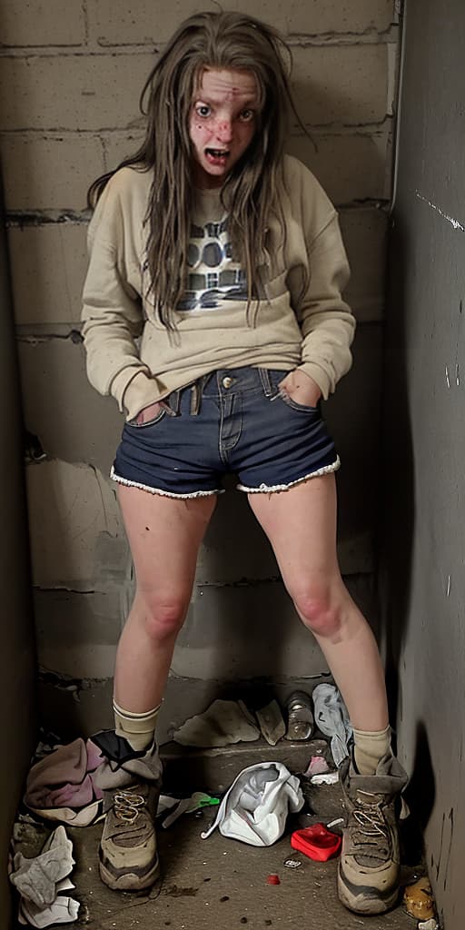  homeless-girl, dirty, takes off her pants, in the basement