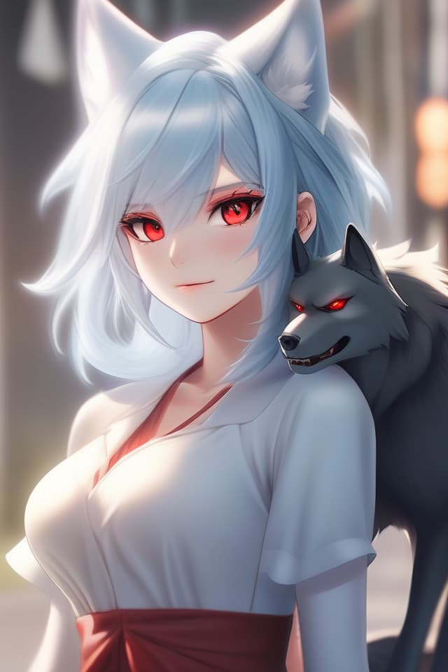  (Close up the upper body) (Illustration) Upper Body ONLY, Beautiful Wolf Beast Girl, Masterpiece, Beautiful Light Blue Hair, Red Eye Color, Knee Length Dress OLF Ears), Nice Body, (with Wolf Behind), High Quality, 8k, 16k