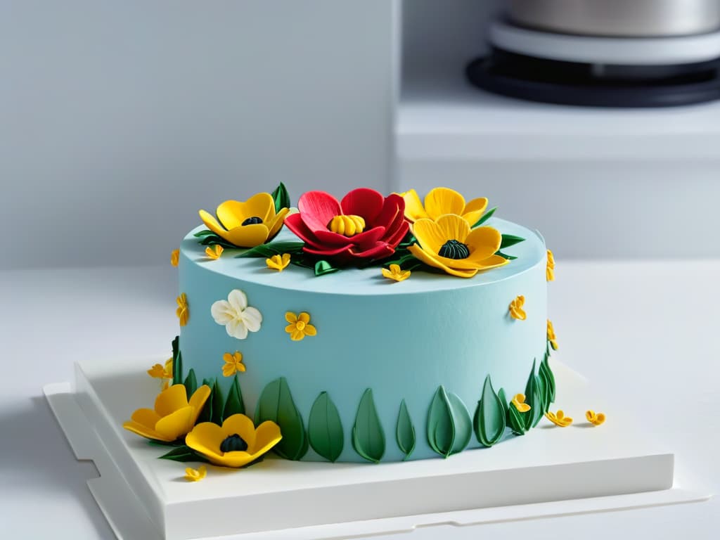  An ultradetailed 8k image showcasing a closeup view of a beautifully decorated cake with intricate fondant details, vibrant colors, and delicate sugar flowers, all enhanced with augmented reality elements like floating recipe instructions, interactive ingredient popups, and animated cooking demonstrations. The cake is displayed on a sleek, modern kitchen counter, with soft lighting that highlights the textures and details, creating a visually stunning and immersive experience for the viewer. hyperrealistic, full body, detailed clothing, highly detailed, cinematic lighting, stunningly beautiful, intricate, sharp focus, f/1. 8, 85mm, (centered image composition), (professionally color graded), ((bright soft diffused light)), volumetric fog, trending on instagram, trending on tumblr, HDR 4K, 8K