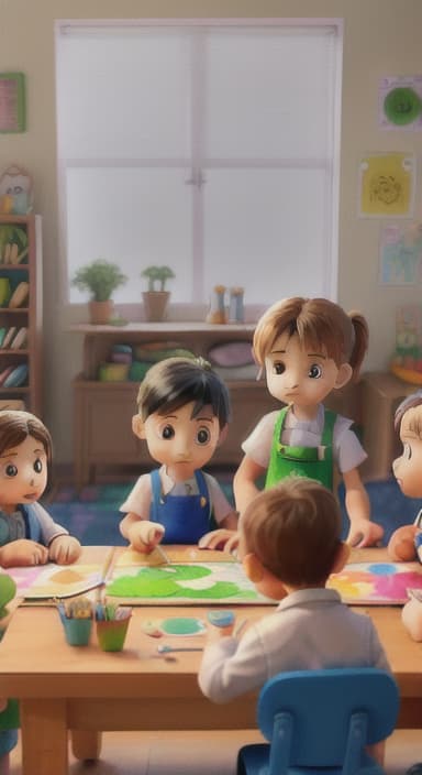  {Children gathered around a table full of paints, brushes, and paper., Kids wearing aprons, concentrating on their painting with bright colors on paper.