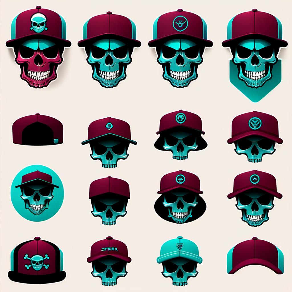  Icons and badges for Strimer by level, skull on cap, stylish, burgundy and turquoise colors