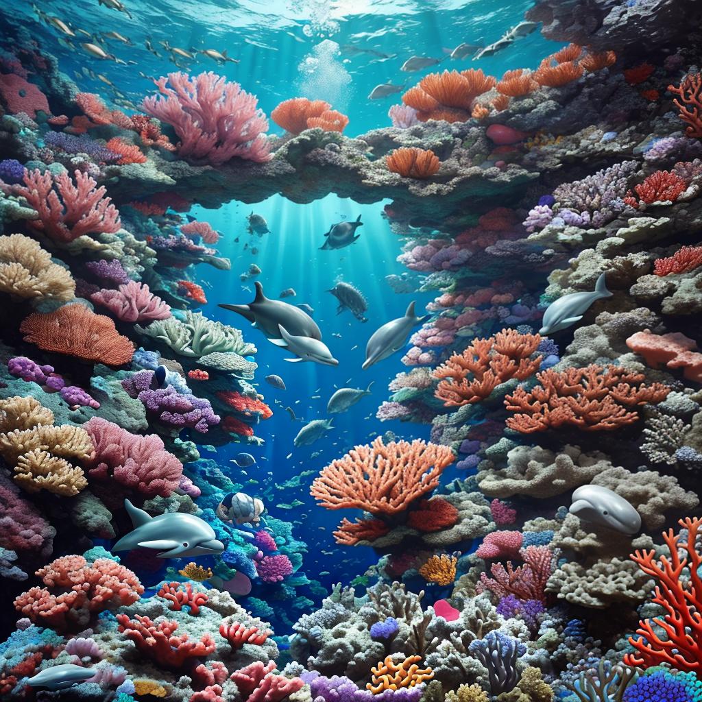  masterpiece, best quality, beautiful deep sea full of corals, diverse marine life and fascinating underwater landscapes with corals, appendages, small fish, anemones, dolphins, various algae, caves, colorful, 8k resolution and intricate detail