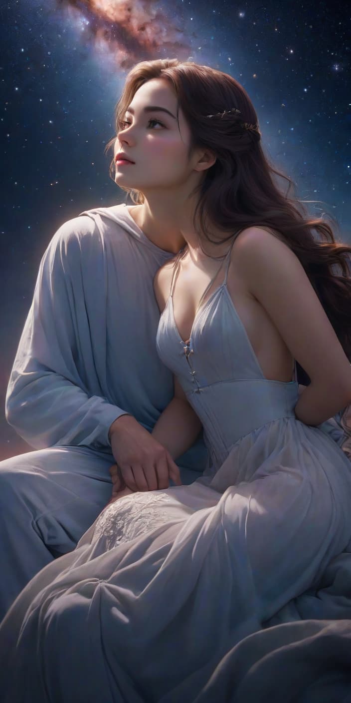  a girl lies on the shoulder of a man the universe under the stars, a man and a woman are twins hyperrealistic, full body, detailed clothing, highly detailed, cinematic lighting, stunningly beautiful, intricate, sharp focus, f/1. 8, 85mm, (centered image composition), (professionally color graded), ((bright soft diffused light)), volumetric fog, trending on instagram, trending on tumblr, HDR 4K, 8K