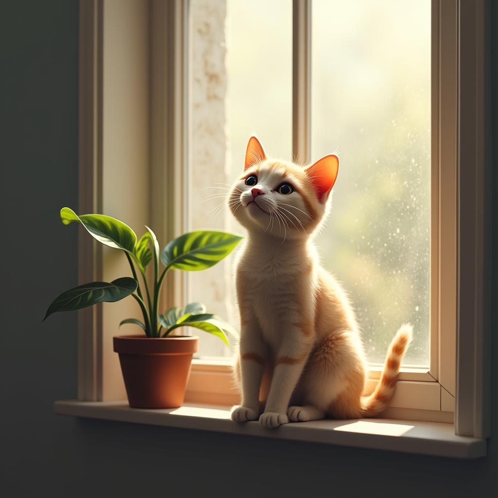  draw a cute cat sitting on a windowsill with a potted plant next to it. hyperrealistic, full body, detailed clothing, highly detailed, cinematic lighting, stunningly beautiful, intricate, sharp focus, f/1. 8, 85mm, (centered image composition), (professionally color graded), ((bright soft diffused light)), volumetric fog, trending on instagram, trending on tumblr, HDR 4K, 8K