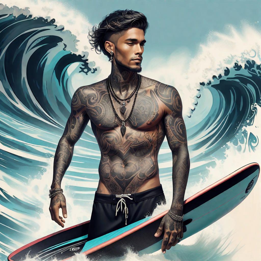  abstract artwork, Handsome man with beautiful black tattoos and necklace. That he stands on a surfboard on a wave when he is on it and the water is clear