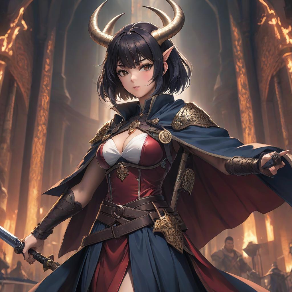  anime artwork A woman with horns and a tail, medieval clothing, belts and capes, dark short hair reaching to the shoulders, tattoos of lines, high level of detailing, dark complexion, and a sword in her hands. . anime style, key visual, vibrant, studio anime, highly detailed hyperrealistic, full body, detailed clothing, highly detailed, cinematic lighting, stunningly beautiful, intricate, sharp focus, f/1. 8, 85mm, (centered image composition), (professionally color graded), ((bright soft diffused light)), volumetric fog, trending on instagram, trending on tumblr, HDR 4K, 8K