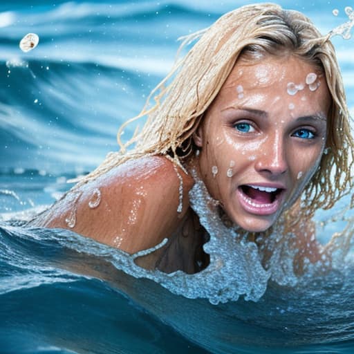  tanned blonde woman's face drowning in the water she's panic a lot of water waves and splashes around her