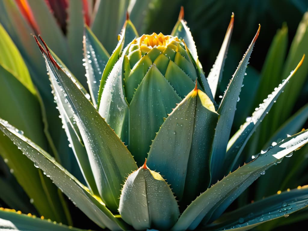  A closeup, ultradetailed image of a pristine, organic agave plant with droplets of golden nectar glistening under the sunlight, showcasing the natural sweetness and purity of the plantbased sweetener. hyperrealistic, full body, detailed clothing, highly detailed, cinematic lighting, stunningly beautiful, intricate, sharp focus, f/1. 8, 85mm, (centered image composition), (professionally color graded), ((bright soft diffused light)), volumetric fog, trending on instagram, trending on tumblr, HDR 4K, 8K