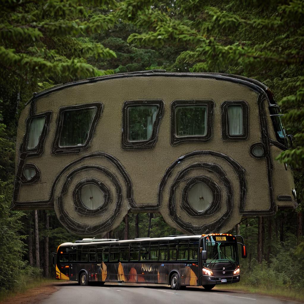  A bus driving on a road in a forest, with detailed foliage and trees, sharp focus, realistic lighting, and a clear view of the bus and its surroundings. style RAW, sideview, best quality, masterpiece