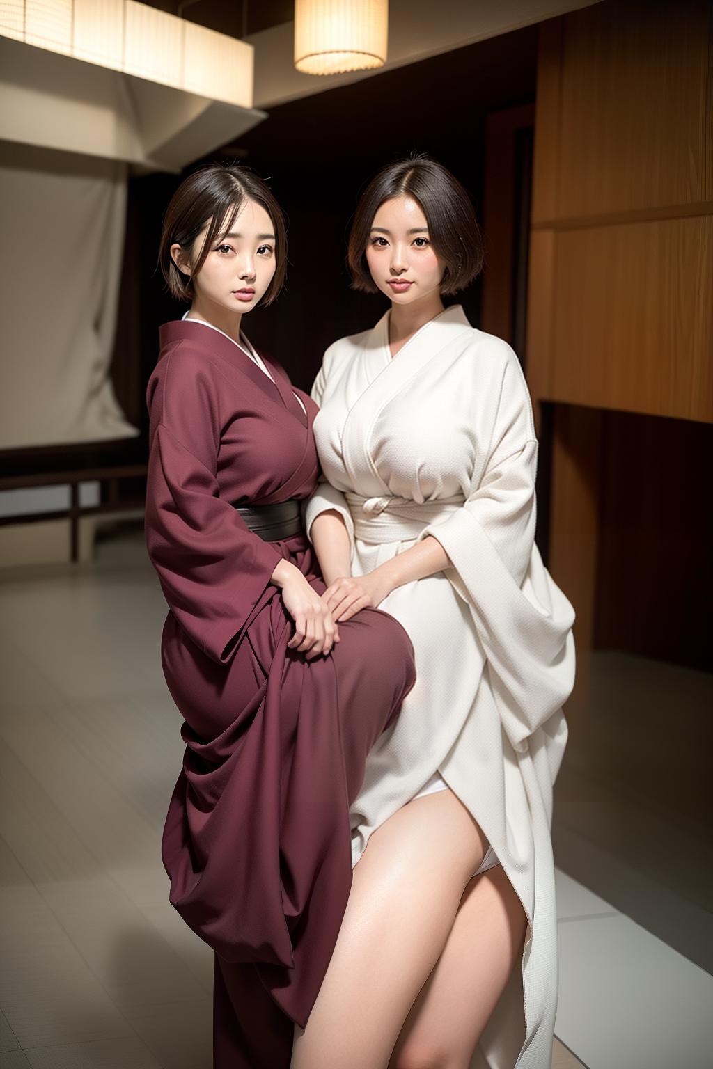  Write the capital of Kyoto, kimonos, two beautiful women, smiles, big eyes, plump breasts, constricted waist, big ass, beautiful legs, short hair, light brown hair in English, (Masterpiece, BestQuality:1.3), (ultra detailed:1.2), (hyperrealistic:1.3), (RAW photo:1.2),High detail RAW color photo, professional photograph, (Photorealistic:1.4), (realistic:1.4), ,professional lighting, (japanese), beautiful face, (realistic face)