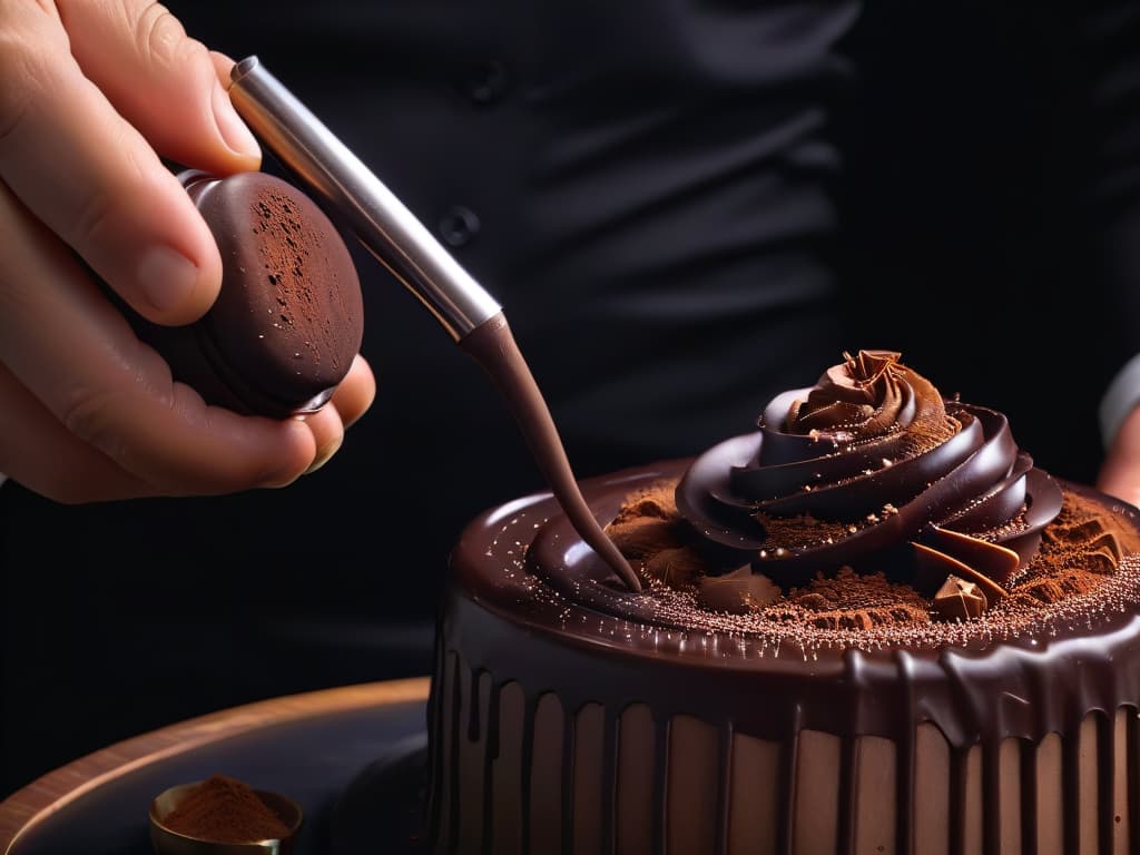  An ultradetailed 8k image of a skilled chocolatier delicately airbrushing intricate designs onto a glossy chocolate sculpture. The focus is on the artist's hands holding the airbrush, with fine particles of cocoa powder gently floating in the air, creating a mesmerizing and artistic ambiance. The chocolate sculpture is elegantly displayed on a simple, sleek black backdrop, emphasizing the precision and artistry involved in working with chocolate. hyperrealistic, full body, detailed clothing, highly detailed, cinematic lighting, stunningly beautiful, intricate, sharp focus, f/1. 8, 85mm, (centered image composition), (professionally color graded), ((bright soft diffused light)), volumetric fog, trending on instagram, trending on tumblr, HDR 4K, 8K