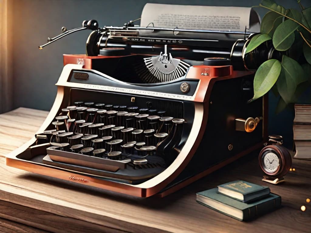  A vintage typewriter on a wooden desk surrounded by books, with a beam of sunlight shining on the keys, symbolizing the intersection of philosophy, science, and critical thinking in media literacy. digital art, ilustration, no flares, clean hyperrealistic, full body, detailed clothing, highly detailed, cinematic lighting, stunningly beautiful, intricate, sharp focus, f/1. 8, 85mm, (centered image composition), (professionally color graded), ((bright soft diffused light)), volumetric fog, trending on instagram, trending on tumblr, HDR 4K, 8K