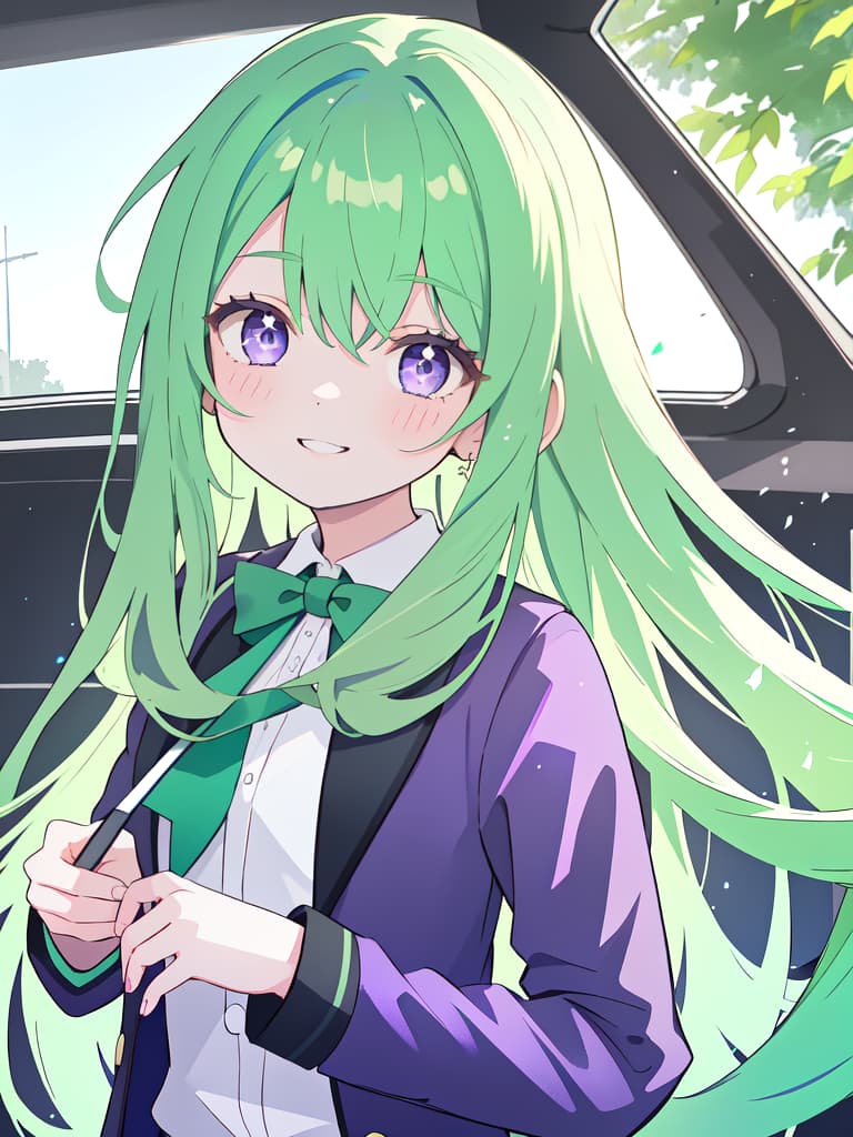  1girl,18yo,green hair,long hair,purple eyes,school uniform,light smile,realistic, masterpiece, best quality,8k,ultra detailed,high resolution,an extremely delicate and beautiful,hyper detail