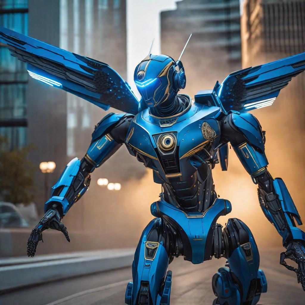  blue sentinelaibot smart brilliant flying in sky delivering money hyperrealistic, full body, detailed clothing, highly detailed, cinematic lighting, stunningly beautiful, intricate, sharp focus, f/1. 8, 85mm, (centered image composition), (professionally color graded), ((bright soft diffused light)), volumetric fog, trending on instagram, trending on tumblr, HDR 4K, 8K