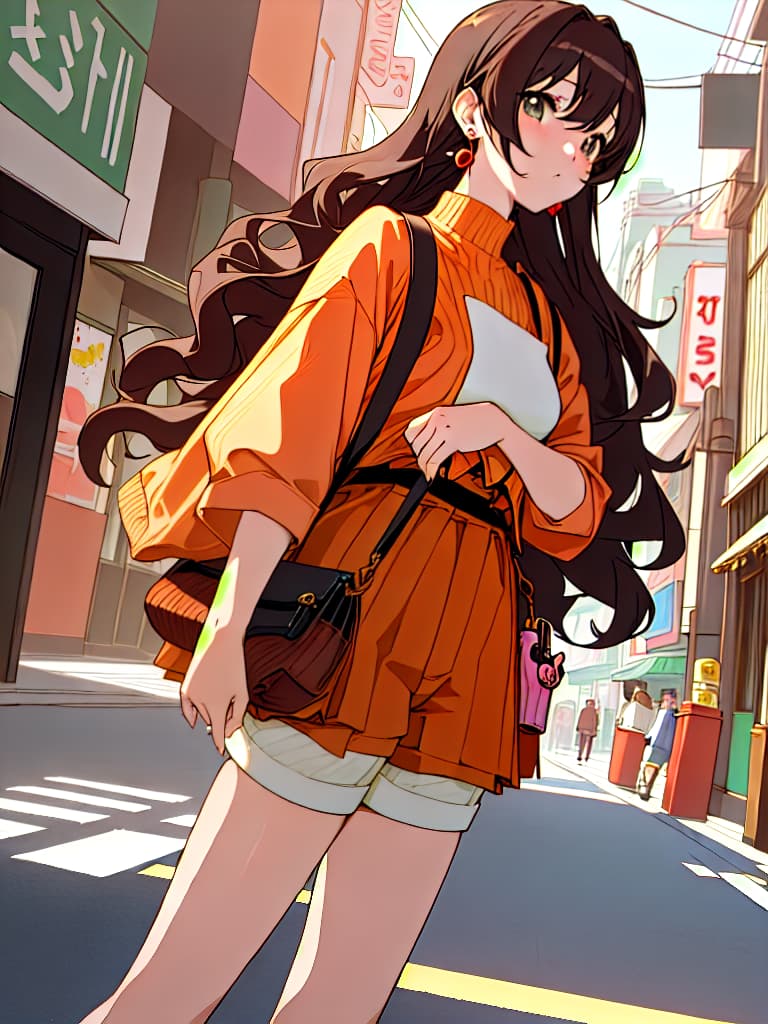  masterpiece,anime style,best Quality illustration,game cg,(tokyo,harajyuku,shibuya,shinnjyuku main street)++,kawaii girl,(1 crossbody bag:1.4), (hotpants:1.2),high neck ribbed crop knit top, large, long wavy hair,earrings,side view,(beautiful eyes,best detailed,16K:1.2),walking