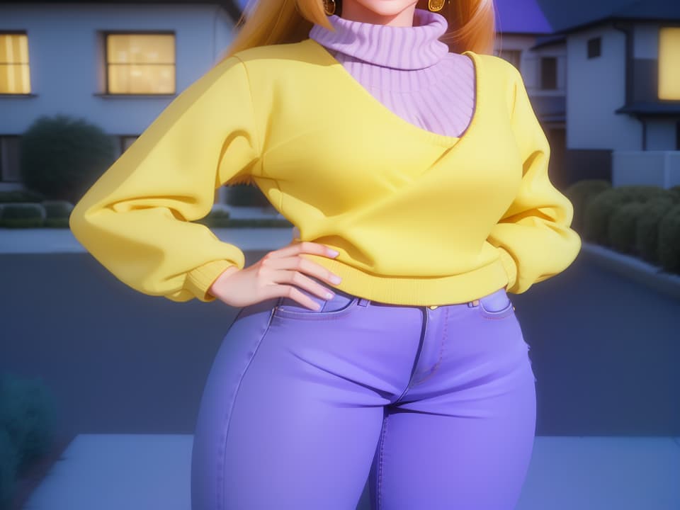  A young woman with long hair and bangs in yellow sweater, purple turtleneck under it, tight blue jeans and brown boots; hands on hips; smile; in front of the houses,3/4 portrait,rim lighting,broad light,high contrast,ultraviolet,unreal,3d art,3d render,blender,cinema4d,cinematic,geometric shapes,high-definition,hd,ultra hd,close-up textures,4k, hyperrealistic, high quality, highly detailed, perfect lighting, intricate, sharp focus, f/1. 8, 85mm, (centered image composition), (professionally color graded), ((bright soft diffused light)), trending on instagram, HDR 4K, 8K