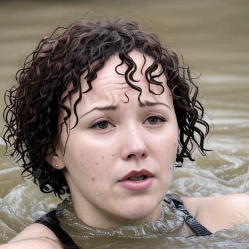  woman's face with short and curly hair drowning in the river