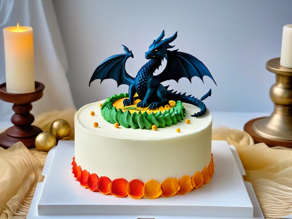  A photorealistic image of a majestic Game of Thronesinspired dragon cake centerpiece on a dessert table, featuring intricate details like scales, wings, and fiery accents, set against a backdrop of medievalinspired decorations and dim candlelight, creating a dramatic and enchanting ambiance. hyperrealistic, full body, detailed clothing, highly detailed, cinematic lighting, stunningly beautiful, intricate, sharp focus, f/1. 8, 85mm, (centered image composition), (professionally color graded), ((bright soft diffused light)), volumetric fog, trending on instagram, trending on tumblr, HDR 4K, 8K