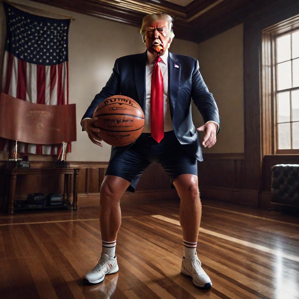  Portrait(Donald trump) with basketball in a room wearing shorts,hyper realistic,detailed,closeup --s2 hyperrealistic, full body, detailed clothing, highly detailed, cinematic lighting, stunningly beautiful, intricate, sharp focus, f/1. 8, 85mm, (centered image composition), (professionally color graded), ((bright soft diffused light)), volumetric fog, trending on instagram, trending on tumblr, HDR 4K, 8K
