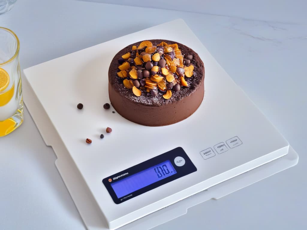  An ultradetailed image of a sleek, modern digital kitchen scale placed on a marble countertop, capturing the precision and sophistication essential for perfect pastry making. The scale displays precise measurements in grams, with a scattering of flour and chocolate chips around it, hinting at a baking project in the making. The lighting is soft, highlighting the clean lines and minimalistic design of the scale, evoking a sense of professionalism and precision in the art of baking. hyperrealistic, full body, detailed clothing, highly detailed, cinematic lighting, stunningly beautiful, intricate, sharp focus, f/1. 8, 85mm, (centered image composition), (professionally color graded), ((bright soft diffused light)), volumetric fog, trending on instagram, trending on tumblr, HDR 4K, 8K